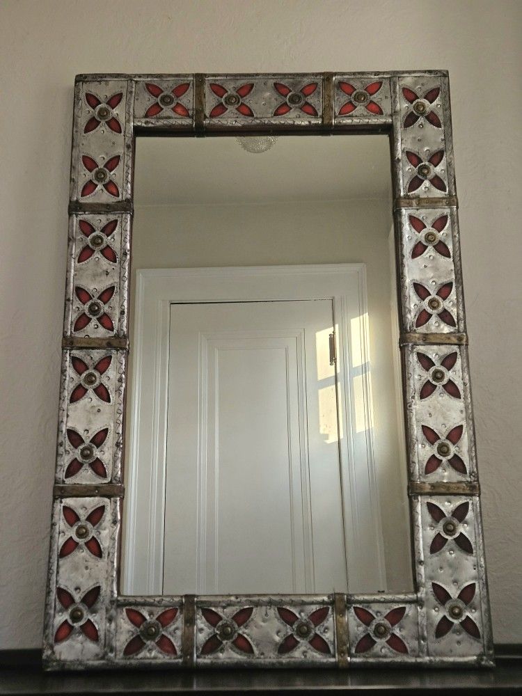 Syrian Pewter Brass With Enamel Red Flowers Over A Solid Wood Frame Mirror