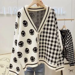 Smiley face cardigan sweater knit black and cream white stripe v-neck happy face