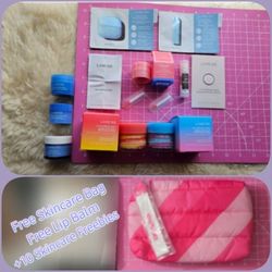 9pc LANEIGE (2 RARE) LIP/FACE SKINCARE BUNDLE, ESTĒE LAUDER MAKEUP TOTE,  LIP BALM, + 10 HIGH-END SKINCARE FREEBIES 