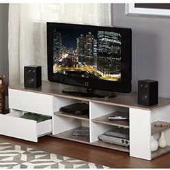 Mid Century Modern Large Living Room TV Stand, 59", White/Sonoma Oak