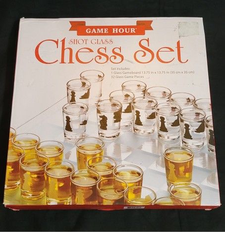 Game Hour Shot Glass Chess Set. Board Measures 13.75X13.75 Inches .