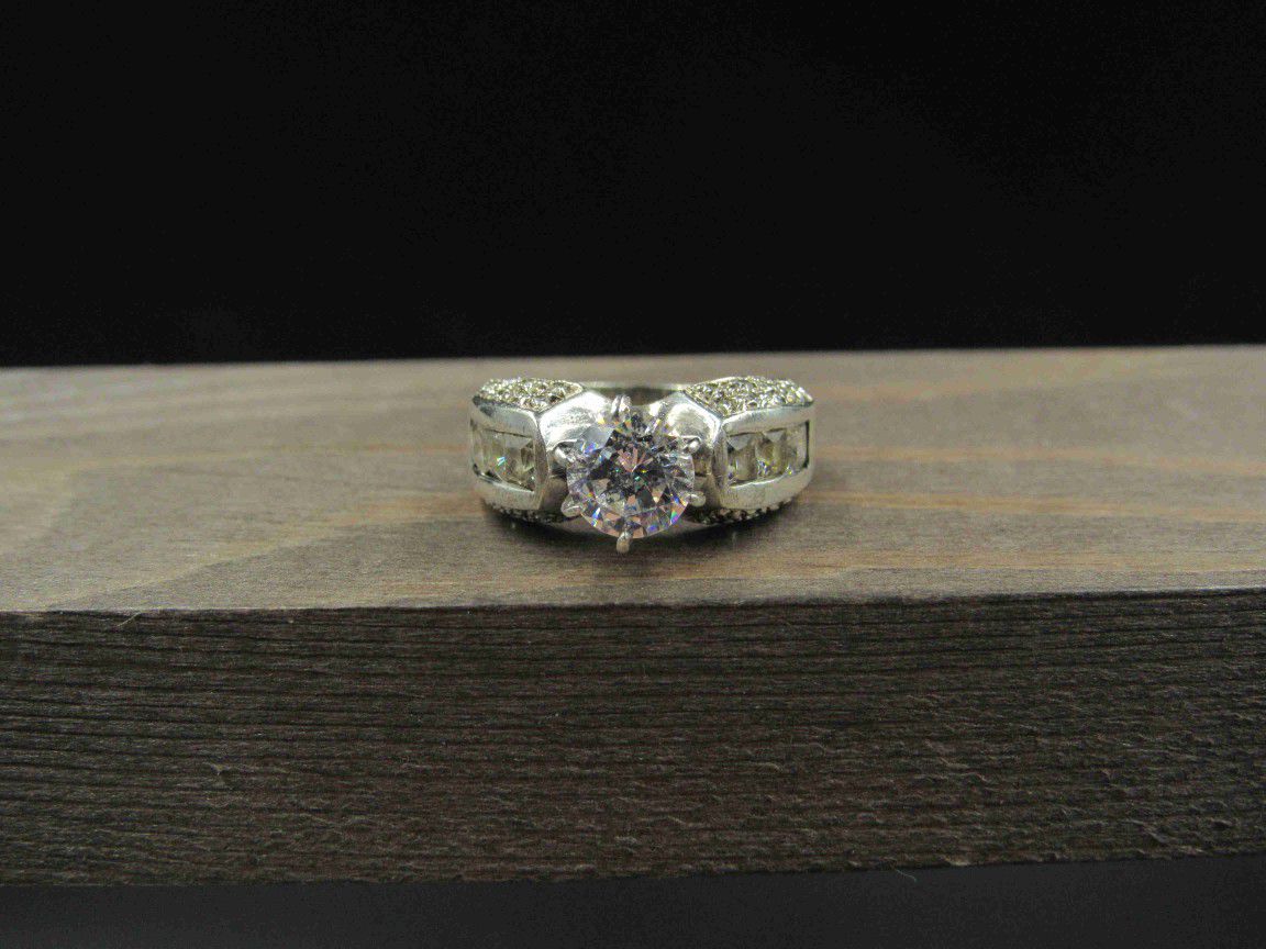 Size 7.25 Sterling Silver Rustic Fancy Cubic Zirconia Band Ring Vintage Statement Engagement Wedding Promise Anniversary Bridal Cocktail