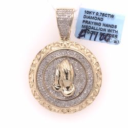 Gold Diamond Praying Hands Pendant 10K New 