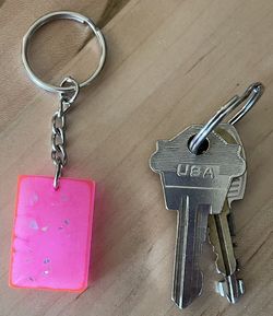 One-of-a-kind Pink, Rectangular, Silver Glitter Pendent Resin Key Chain