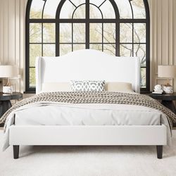 Queen Size Bed Frame, Upholstered Wingback Platform with 47" Tall Tufted Headboard, Plush Velvet Fabric, Modern Minimalist Design, No Box Spring Requi
