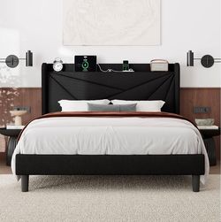 Queen Size Bed Frame with Charging Station, Linen Upholstered Platform Bed Frame with Wingback Storage Headboard, Solid Wood Slats Support, No Box Spr