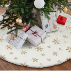Christmas Tree Skirt 30 Inches Double Layers Gold Sequin Snowflakes Tree Skirt White Luxury Faux Fur Christmas Decorations Holiday Party Decoration