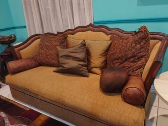 Century carved brown solid wood, mustard upholstery