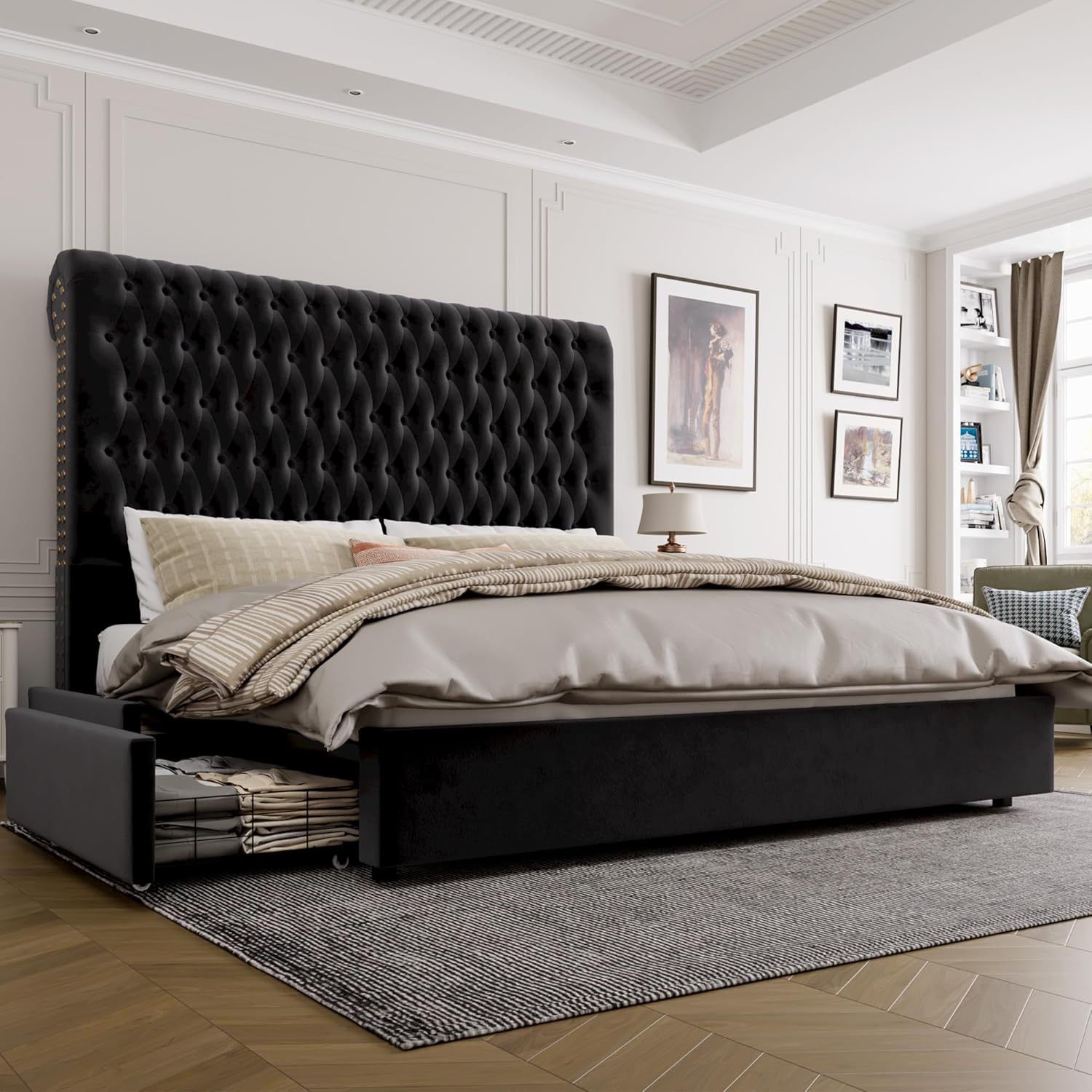 Queen Size Bed Frame 54" Tall Headboard with Gorgeous Button Tufted and Nail, Velvet Fabric Upholstered Bed Frame includes 4 Under-bed Storage Drawers