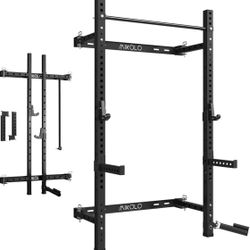 Mikolo 2" x 2" Folding Wall Mounted Squat Rack, 1000 Pounds Capacity Power Rack with Pull Up Bar, J Hooks and Other Attachments, Space-Saving Home Gym