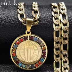 Colorful Crystal Saint Benedict Medal Pendant Necklace Stainless Steel w Rhinestone Crystal Chain Included [PEN252]