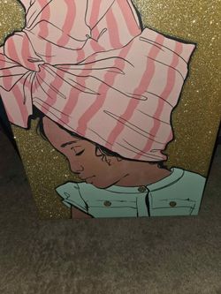 Multimedia, glitter paint on canvas, girl in headwrap