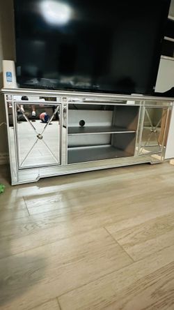 Mirror glass TV stand silver 2 door storage silver TV stand $275 OBO