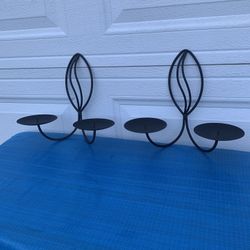 Vintage Wrought Iron Black Wall Sconce Candlestick Holder X 2 Rustic Metal
