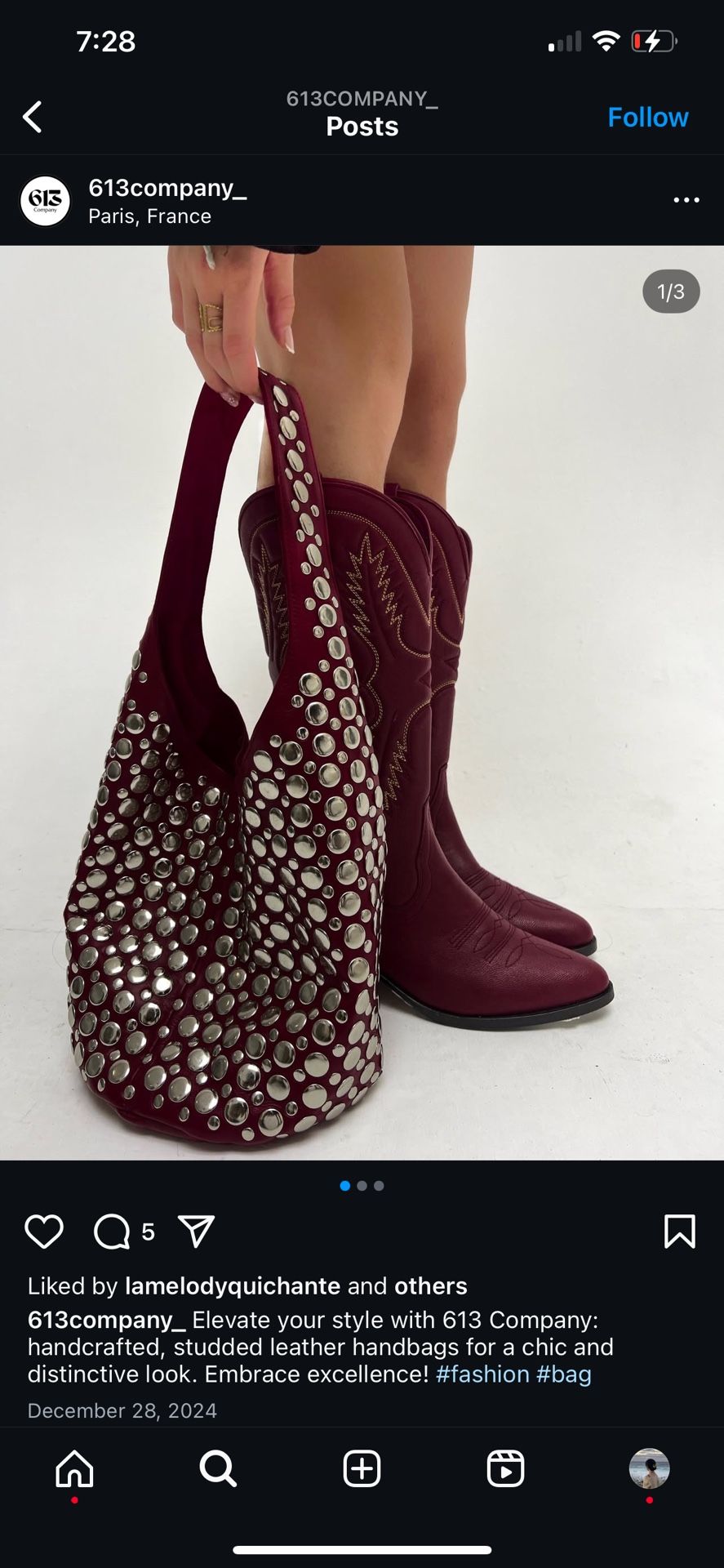 Studded Burgundy Wine Leather Shoulder Bag
