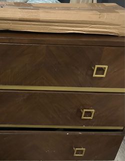 Good dark brown nightstand legs in the box they good  the handles or inside and out have to put together velvet inside like new