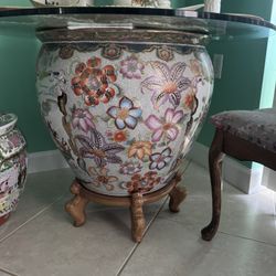 Oriental Large Flower Pot Stand with Glass Top 