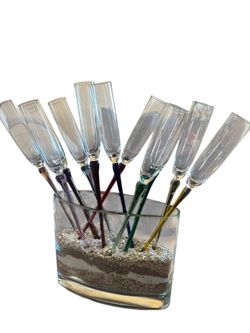 Ingrid Hand Made Glass 10” Ice Bucket & 11 Colored Stems Champagne Flutes Bouquet
