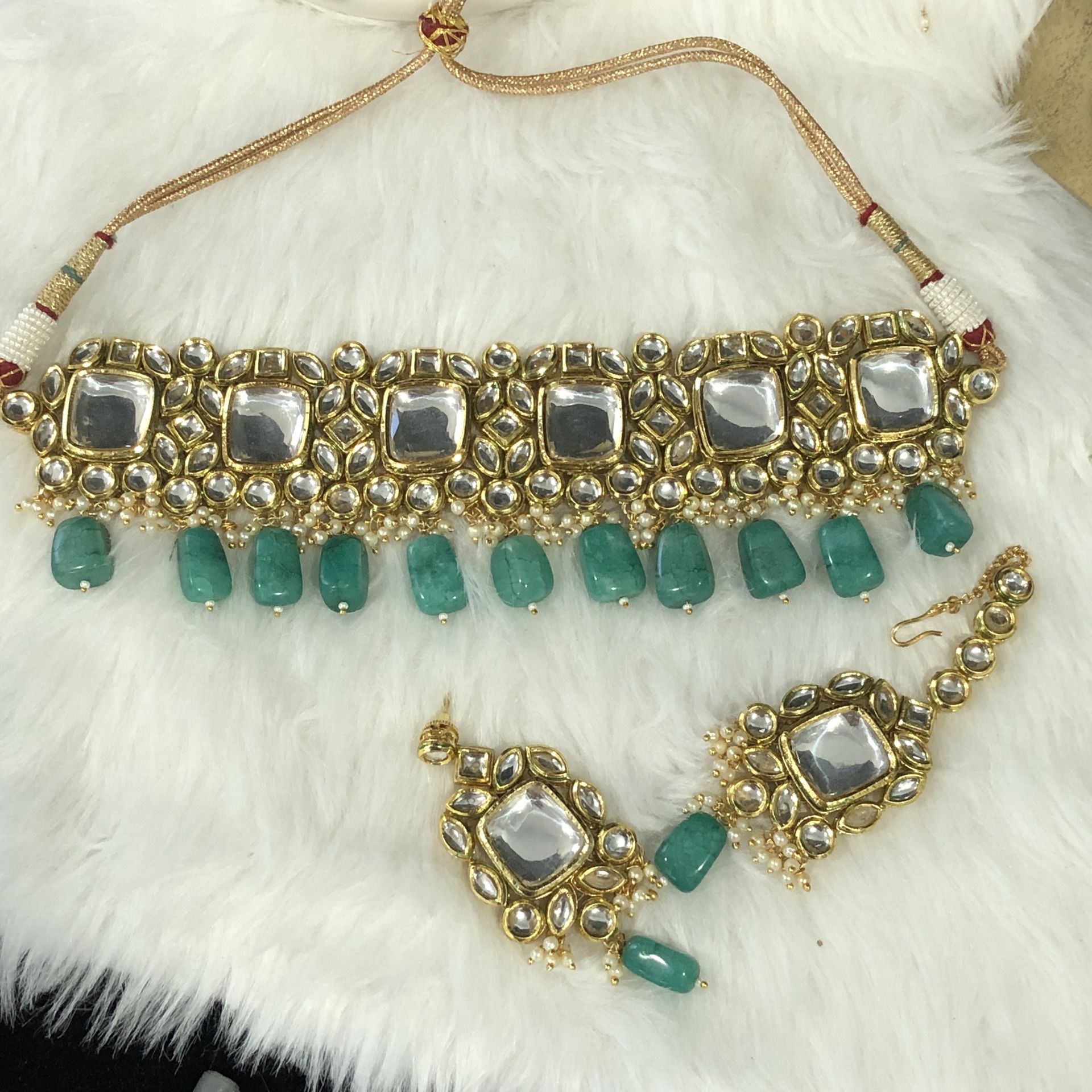 Kundan Meenakari Choker Necklace Earrings Tikka Indian Jewelry Jewellery 