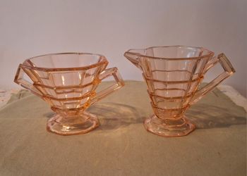 Vintage Indiana Glass Tea Room Pink Depression Glass Art Deco Open Sugar Bowl & Creamer 