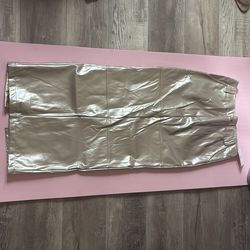 Gold Faux Leather Midi Skirt – High Waist – Back Slit – Size (S)