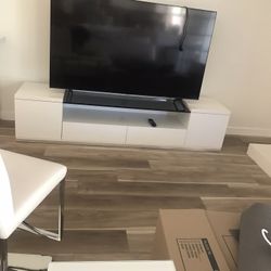 Modani White Large TV Stand w/Glass and Storage