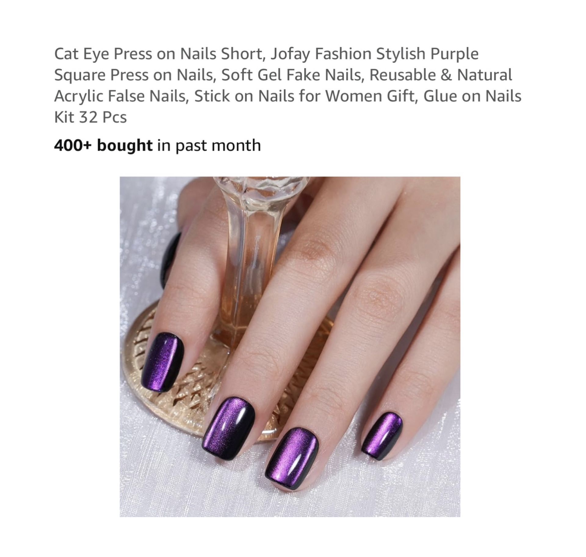 Brand new 32 Pcs Cat Eye Press on Nails Short, Jofay Fashion Stylish Purple Square Press on Nails, Soft Gel Fake Nails, Reusable & Natural Acrylic Fal