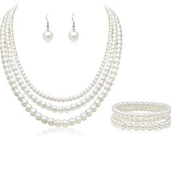 Pearl Necklaces for Women Cream White Dainty Layered Pearl Strand Necklaces Earrings Bracelets Set Costume Jewelry for Birthday Bridal Wedding Tea Par