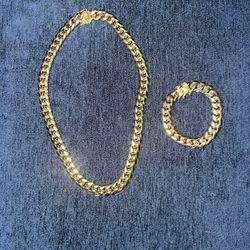 Cuban Link Chain and Bracelet 14k Gold Plated 