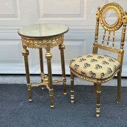 Vintage French style Hollywood regency Gold Leaf Vanity Chair And Side Table  with mirror on top $267.00 EACH   Pick up in Glendale 