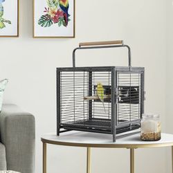 25.5" Wrought Iron Bird Travel Carrier Cage Parrot Cage with Handle Wooden Perch & Seed Guard for Small Parrots Canaries Budgies Parrotlets Lovebirds 