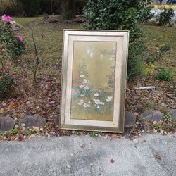 Antique Asian Poppies Floral Large Picture Framed In Gold Bamboo
