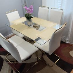 Modern Glass Dining Table Set w/ 6 White Chairs – Excellent Condition