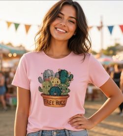 Shein Women's Size Medium Funny Cactus "Free Hugs" Graphic Print Pink T-Shirt. On SHEIN, a standard women’s Size Medium (US 8/10) for casual graphic t
