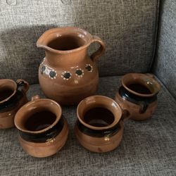 New Mexican Clay Decorative Pitcher With Cups Set