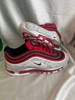 New! Nike Air Max 97 Jayson Tatum 'Saint Louis Roots' sneakers feature a vibrant red and black color scheme contrasted with white graffiti-style graph
