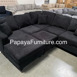 New 113” Chennile Sectional Couch, U-Shaped Sectional Sofa, Couch, Sectionals, Sectional And Ottoman, Couch, Black Sectional, Reversible Chaise Sofa D