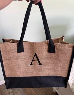 Monogram 'A' Burlap Tote Bag