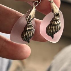 Pair Of Pink Sea Glass And Sterling Silver Earrings 