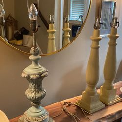 Lime yellow wood lamps great for a short home also have a bench coffee table baskets mirrors