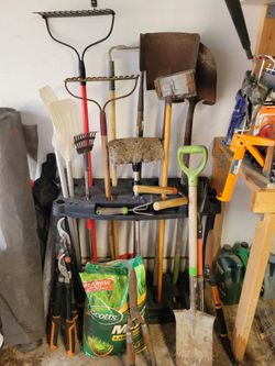 Garden Tool Lot with Storage Rack