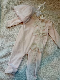 Miniclasix Baby Girl 6M Pink Velour Footed Sleeper Hat Set Tulle Bows Glitter