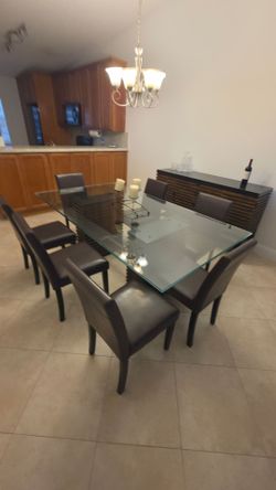 Glass Top Dining Table with 6 Chairs and buffet credenza