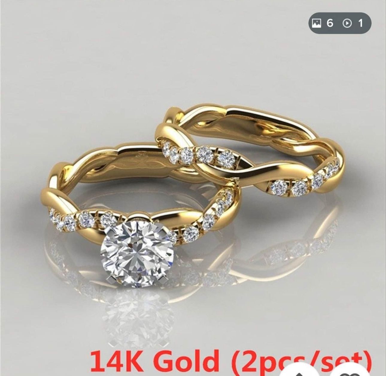 14K Gold Twist Round Cut White Sapphire Ring Set Size 7 or 8