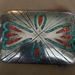 VTG Navajo Turquoise And Coral Chip Inlay BIRD Belt Buckle