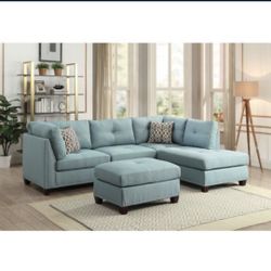 Brand Nes 3 Pcs Sectional  Light Teal Linen Fabric Ottoman Included 2 Pillows Included  $799 104 x 73 x 35H FREE LOCAL DELIVERY & SET UP ORDER HERE PA