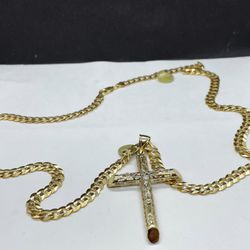 14k solid gold cubana chain and Crusifix  cross , necklance gold pendant