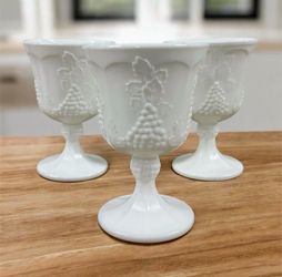 Indiana Glass Harvest Grape Milk Glass Goblets Set of 3 White Vintage