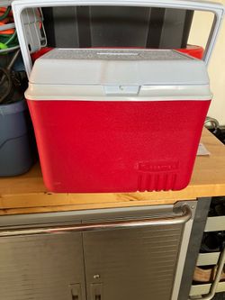 RUBBERMAID ICE CHEST WITH PLASTIC ICE CONTAINER.