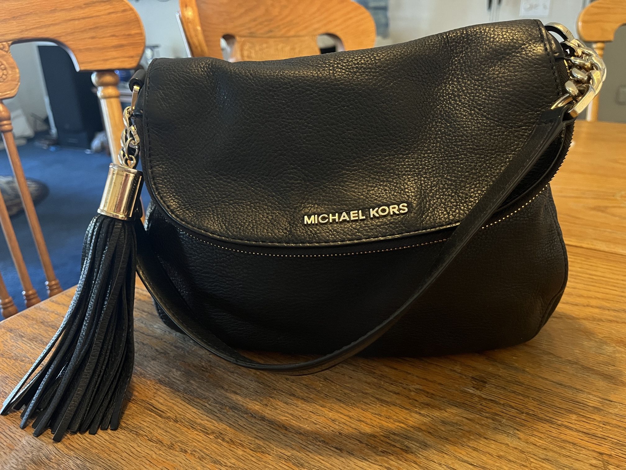 Michael Kors Black Leather 3 Large Section Purse With Big Tassel 